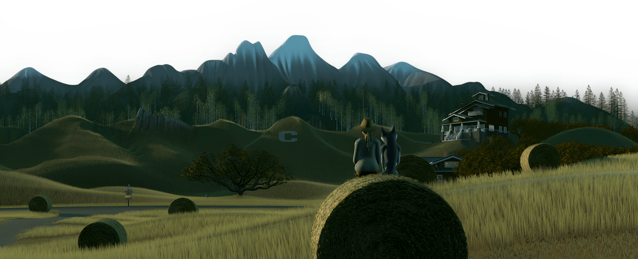 A person and a dog sit on a hay bale, overlooking rolling hills and mountains in a tranquil rural landscape. A farmhouse is visible in the distance.