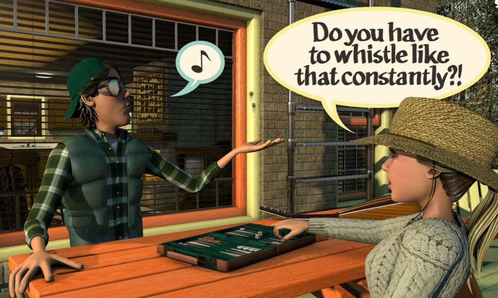 A young man in a green cap gestures expressively while a woman in a straw hat questions him about his whistling. They're playing a game indoors.