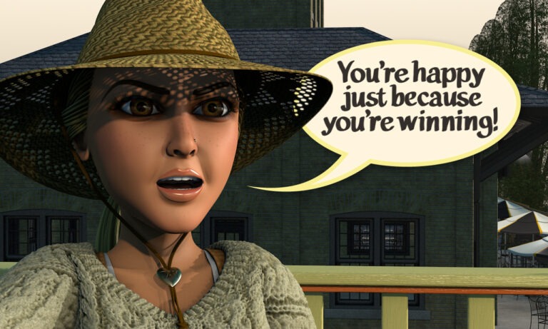 A surprised young woman in a straw hat reacts, saying, "You're happy just because you're winning!" against a backdrop of a building.