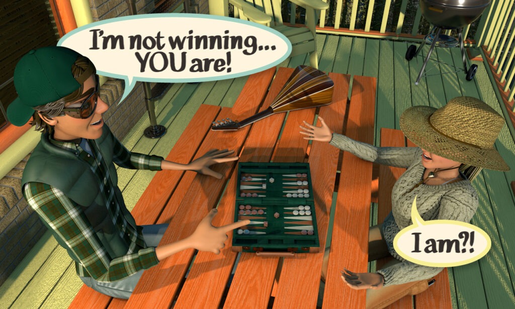 Two animated characters play backgammon outdoors, sharing a lighthearted moment. The male character humorously admits, "I'm not winning... YOU are!" while the female replies in surprise, "I am?!"