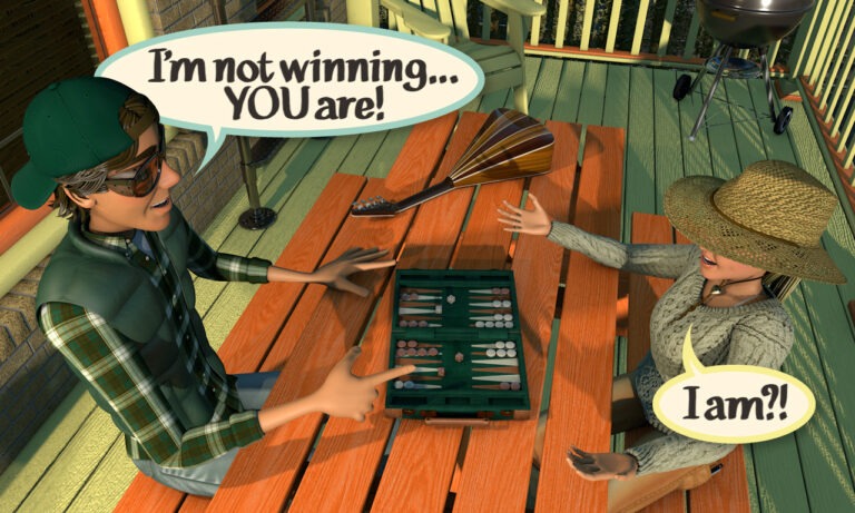 Two animated characters play backgammon outdoors, sharing a lighthearted moment. The male character humorously admits, "I'm not winning... YOU are!" while the female replies in surprise, "I am?!"