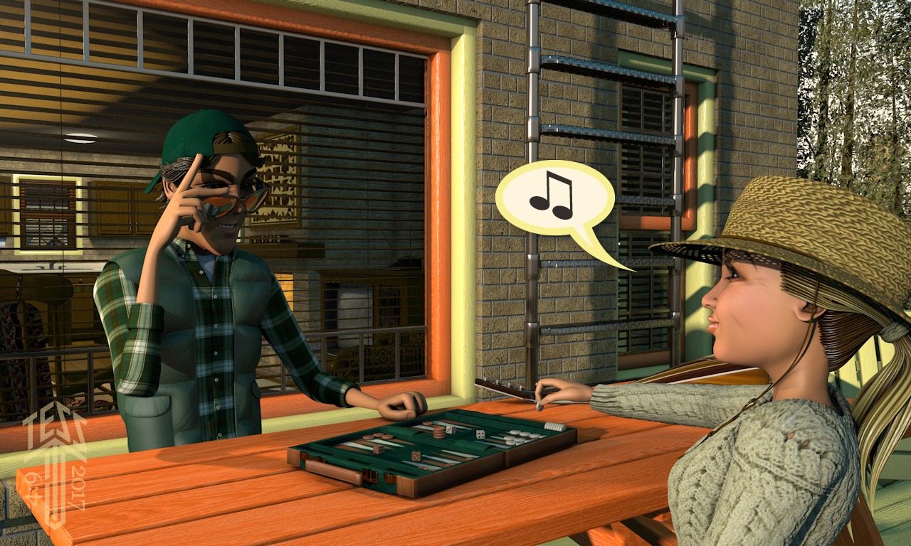 Two animated characters are playing backgammon outdoors. One, in a plaid shirt and sunglasses, gestures playfully, while the other, wearing a straw hat, attentively holds a game piece. A speech bubble with a music note suggests a lighthearted atmosphere.