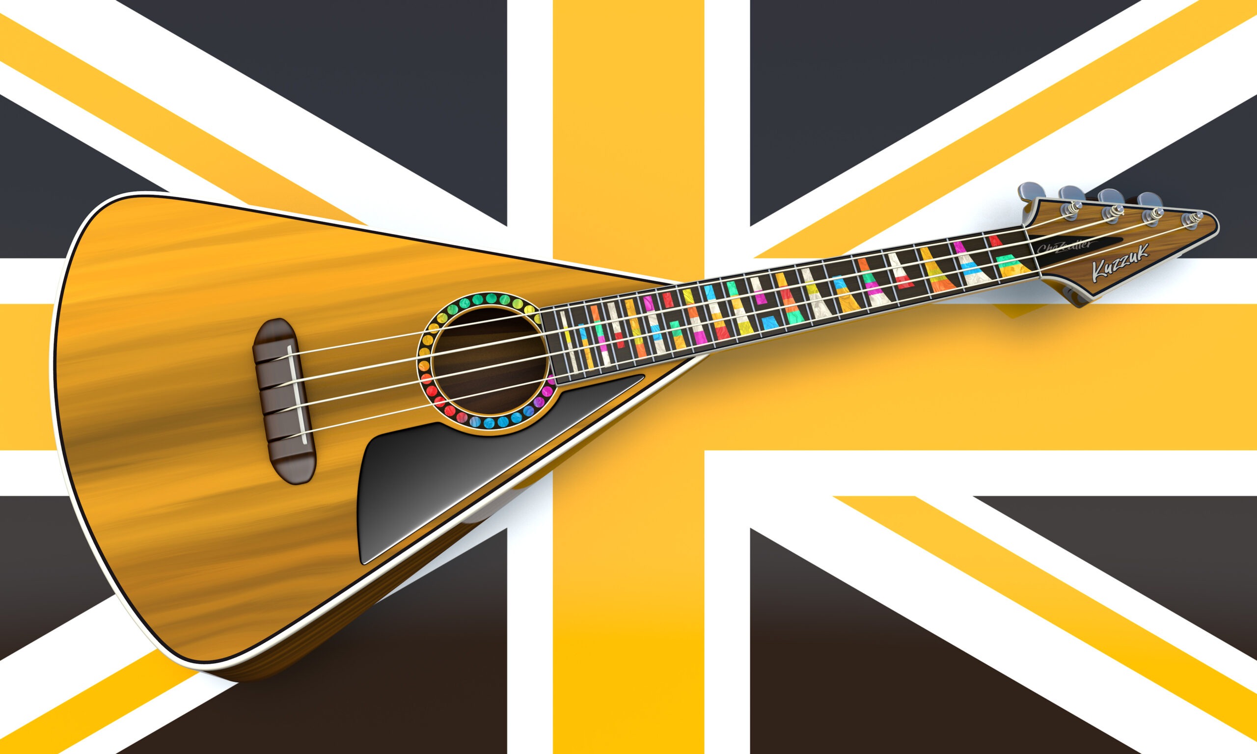 A triangular acoustic guitar with a colorful fretboard and rosette lies on a stylized Union Jack background in shades of orange and black.