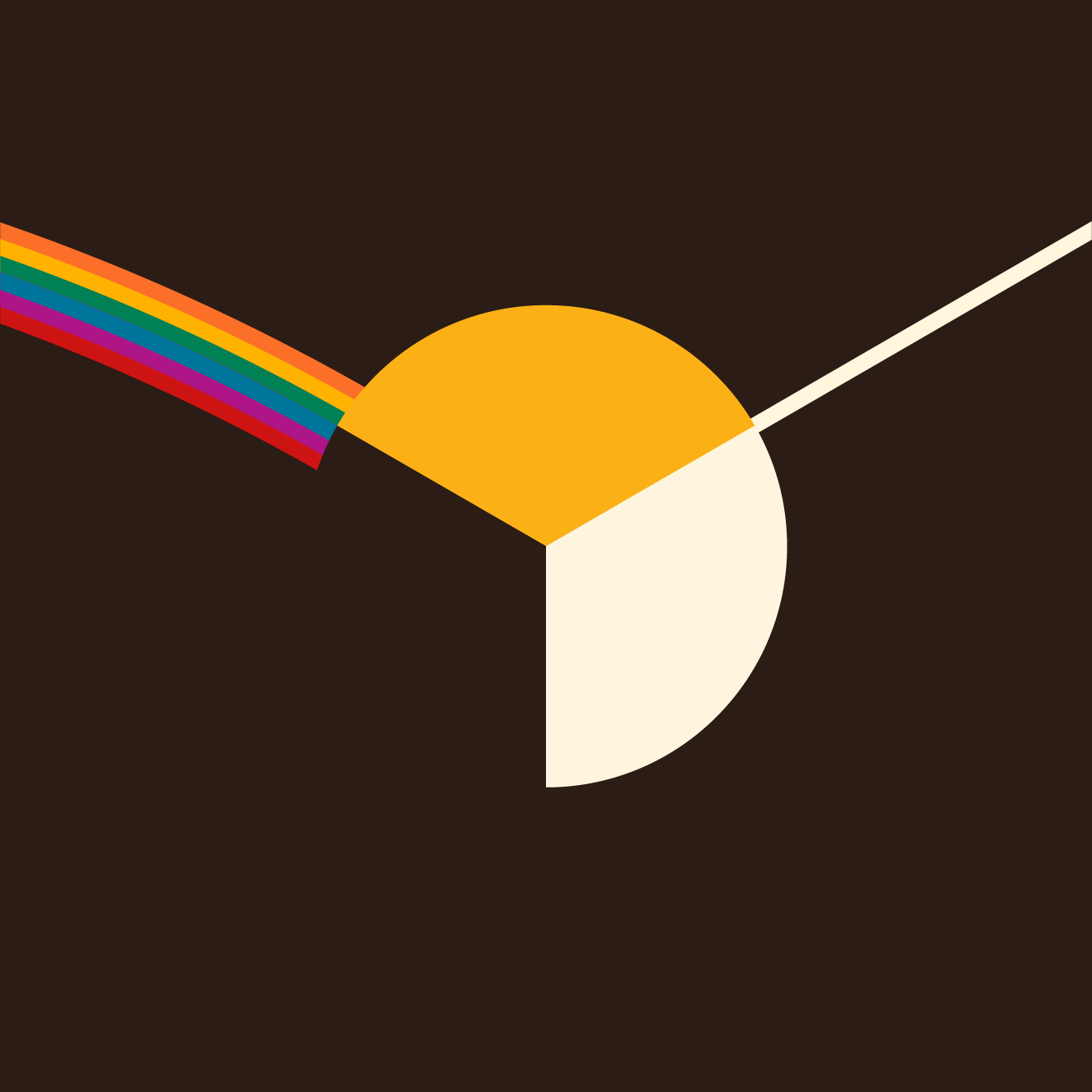 Abstract art on a black background featuring a yellow and cream circle intersected by rainbow and white beams, conveying a feeling of harmony and balance.