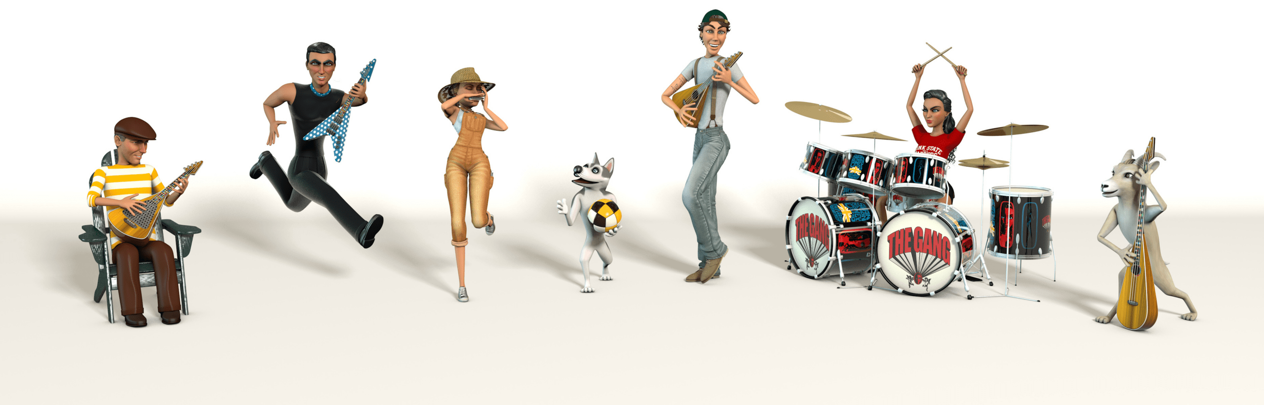 Animated band with diverse characters: a guy with black guitar, woman with hat, dog with soccer ball, man with trumpet, drummer, and goat with bass. Energetic vibe.