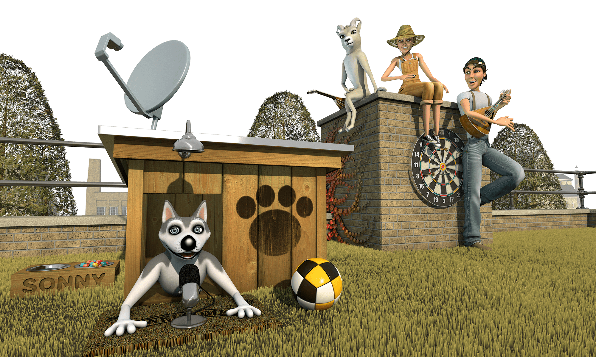 A whimsical scene with a doghouse featuring a dog's face and paw motif, a dog at a microphone, and a satellite dish. Nearby, two animated characters sit on a wall with a dartboard, one holding a fishing rod, another playing guitar. The mood is playful and lively.