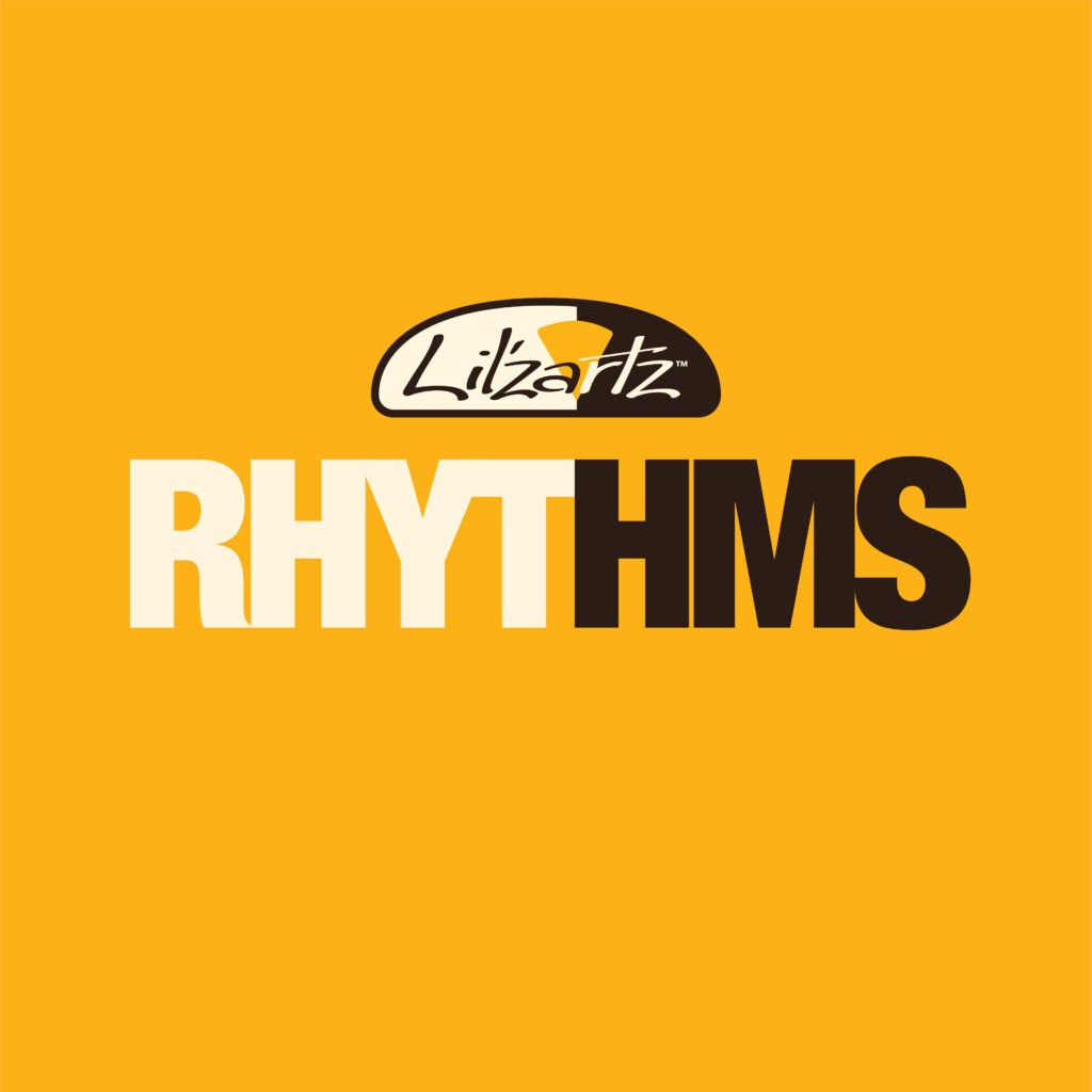 Bold typography of the word "RHYTHMS" with black and white letters on an orange background. Above is a logo featuring "Lizardz" in stylish script.