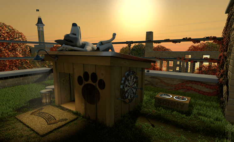 A dog relaxes on a wooden doghouse at sunset, with a pawprint design and a dartboard on its side. Warm, peaceful ambiance with autumn foliage.