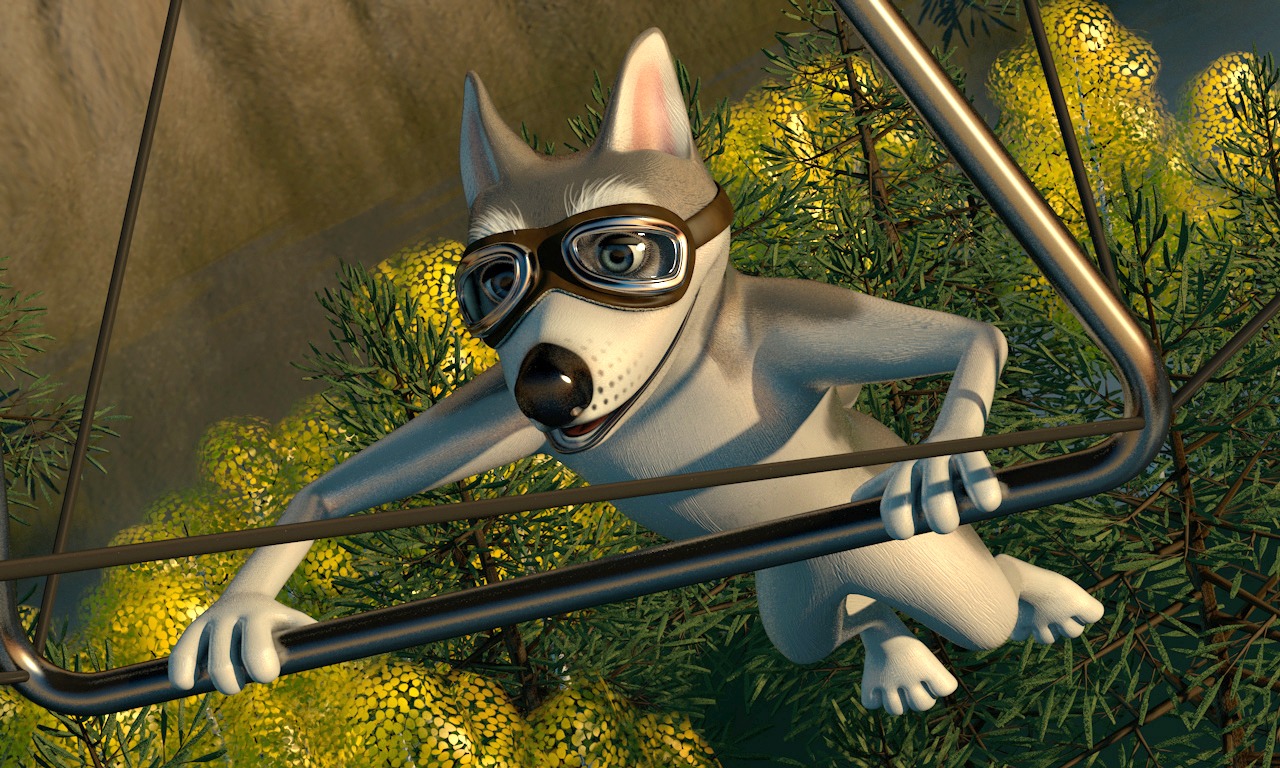 A cartoon wolf wearing goggles clings to a metal structure amidst vibrant green foliage, showcasing a whimsical adventure in nature.